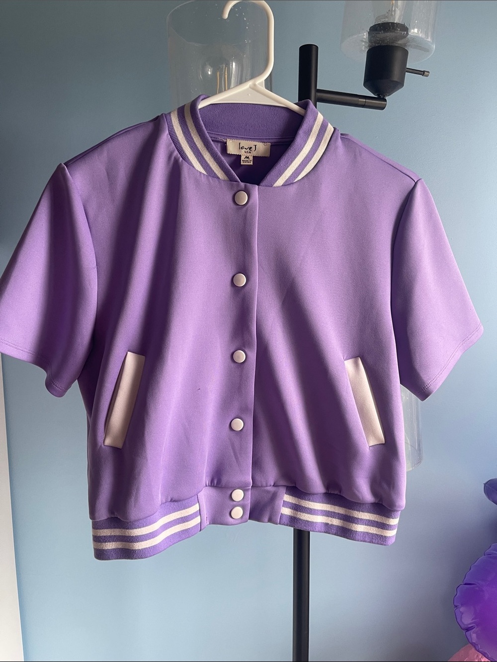love J Lavender Short Sleeve Varsity Jacket with White Trim